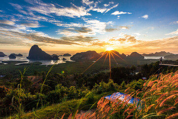 A distant natural background of a large mountain in the middle of the sea, Phang Nga Bay, Thailand,...