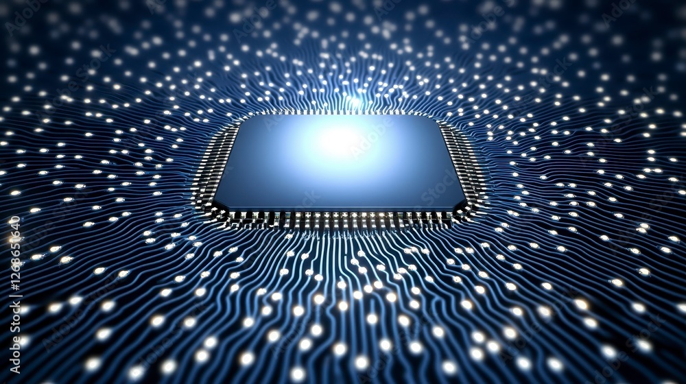 Poster abstract close up of a central processing unit, glowing with light, surrounded by intricate circuitr