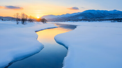 Obraz premium Winter Sunset Landscape with Frozen River and Mountains