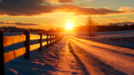 Winter Sunset Landscape with Snowy Road and Fence
