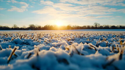 Obraz premium Winter Sunset Over Snow Covered Field