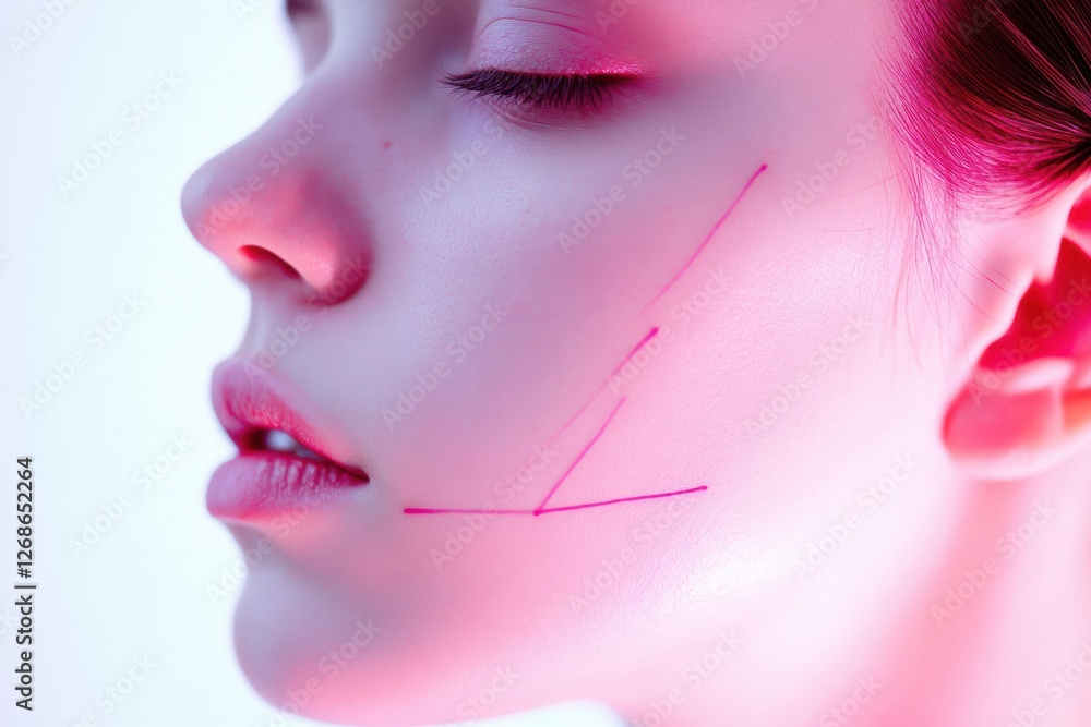 Poster woman undergoing facial treatment with threads visible on cheek in a softly lit environment. generat