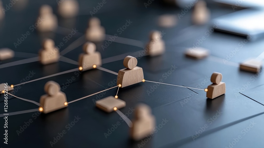 Poster abstract network with wooden figures representing human connection in digital space, illustrating co