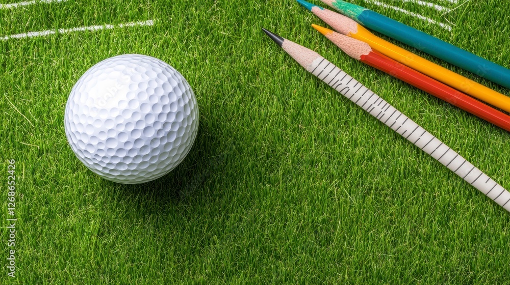Poster high angle close up view of a golf ball resting on artificial turf, with several colored writing ins