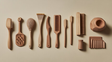 Fototapeta premium An assortment of handcrafted kitchen tools in muted earth tones, with organic, flowing forms and smooth textures