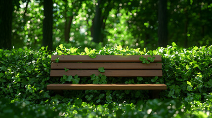 Naklejka premium Wooden Bench Amidst Lush Greenery in a Sunny Park