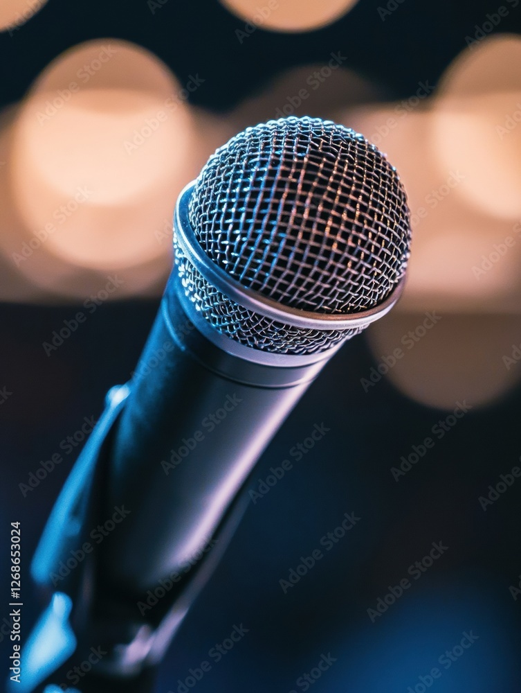 Leinwandbilder close up of a microphone ready for performance in a lively setting with blurred lights showcasing a 