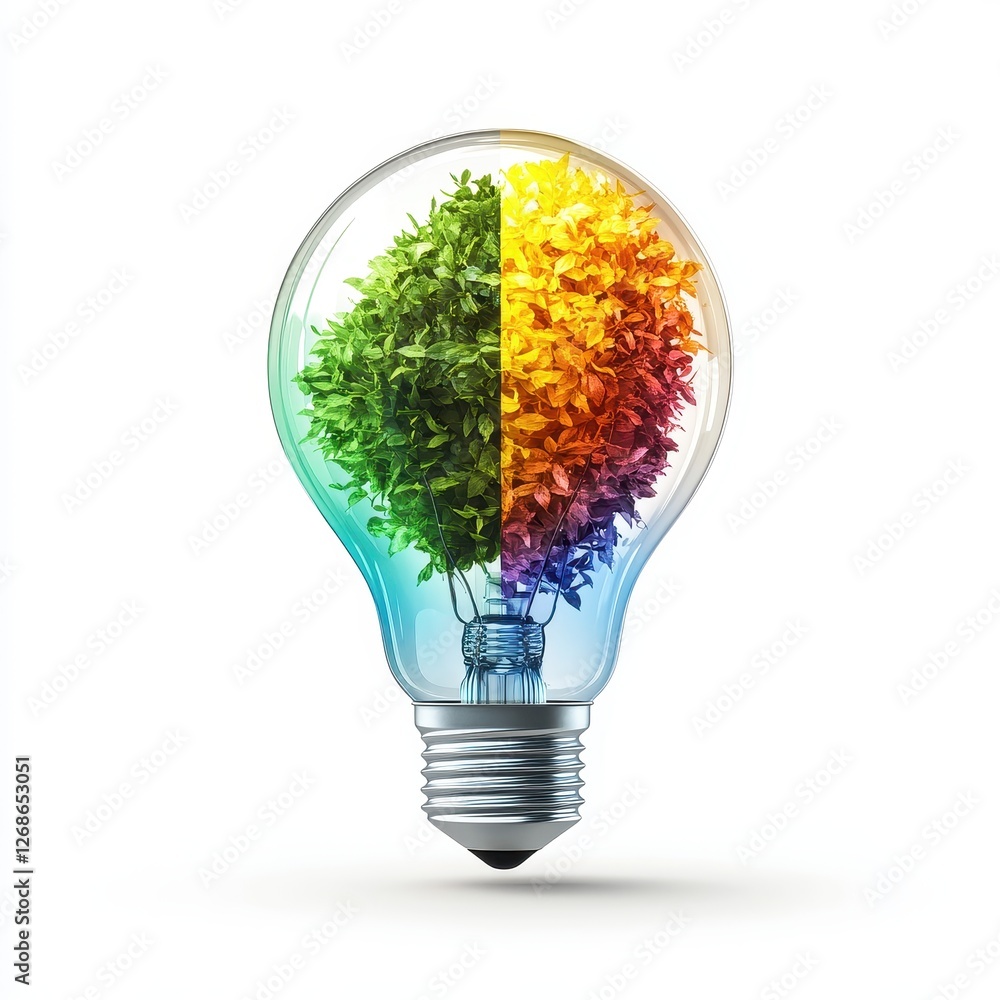 Poster light bulb containing a colorful tree symbolizing energy efficiency isolated on a white background