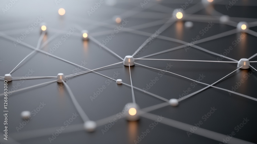 Poster abstract technology network with glowing nodes and connections on dark surface.