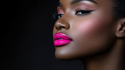 Striking portrait of a model with vibrant pink lips, capturing bold elegance and modern allure.