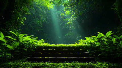 Obraz premium Wooden Bench in a Lush Green Forest with Sunlight Rays