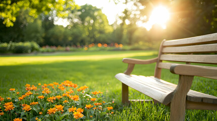 Fototapeta premium Wooden Bench in a Sunny Garden