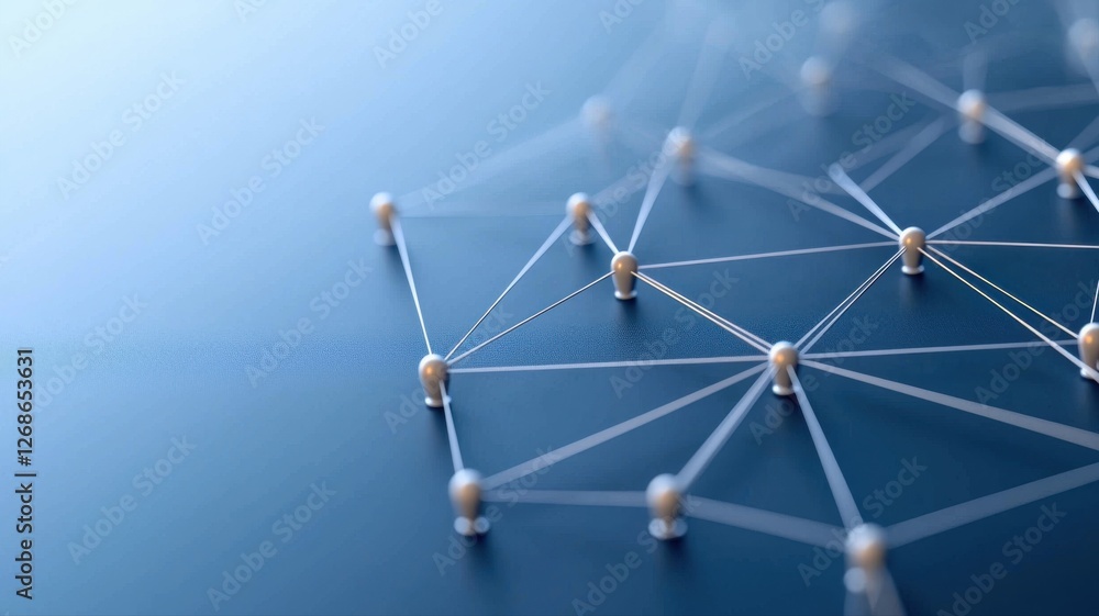 Poster close-up of a blue abstract digital network with nodes and connections on a modern tech surface back