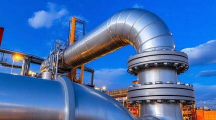 Close up view of large industrial metal pipes and valves against a twilight sky. The pipes are silver, reflecting the ambient light.  The scene
