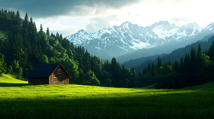 Obraz premium Wooden Cabin in a Lush Green Alpine Valley with Snow Capped Mountains