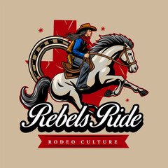 Cowgirl Rodeo Culture Riding Horse in Western Illustration for poster, flyer, social media, web pages, print media, greeting card, invitation, banner, t-shirt design