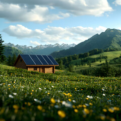 Wooden Cabin with Solar Panels in a Mountain Meadow
