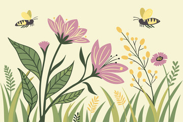 Floral meadows with scattered butterflies and bees.