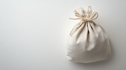 simple beige cotton drawstring bag on white background