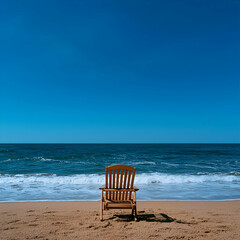 Wooden Chair on Sandy Beach Facing Blue Ocean Under Bright Sky