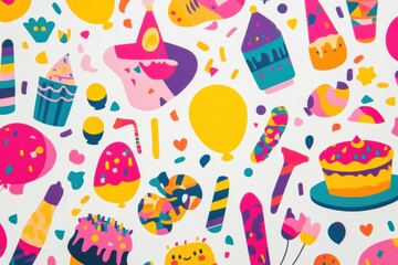 Colorful festive stickers featuring balloons, cakes, and party accessories for celebrations. Generative AI