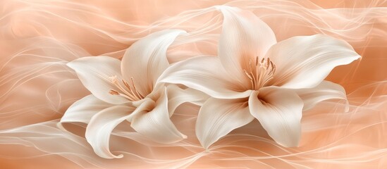 Fototapeta premium Two delicate white flowers gracefully entwined on a soft peach background, creating a serene and elegant atmosphere, Perfect for spa promotions, floral designs, or beauty products,