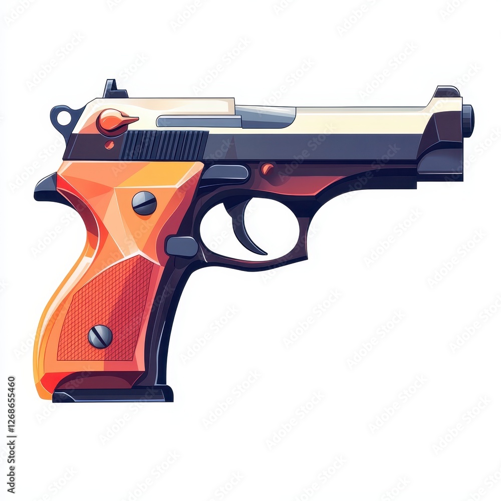 Poster flat design vector icon of a handgun with red and orange color scheme on a white background