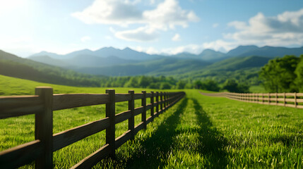 Wooden Fence in Lush Green Field with Mountain View