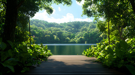 Wooden Dock Over Tropical Lake Under Bright Sunlight
