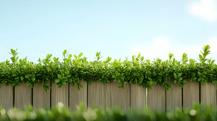 Fototapeta premium Wooden Fence with Lush Green Hedge and Blue Sky