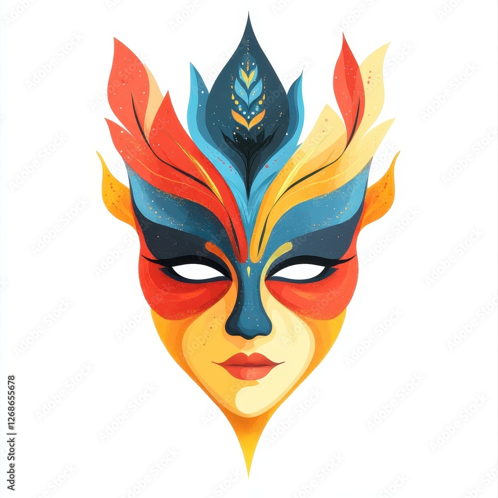 Poster stylized illustration of a womans face with colorful feathers and vector mask design on a white back
