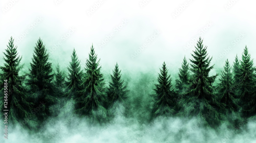 Poster a serene landscape featuring a dense forest of evergreen trees shrouded in a thick layer of mist, cr