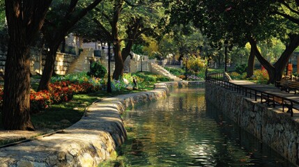 Naklejka premium Peaceful park canal walkway, trees, flowers, sunlit path