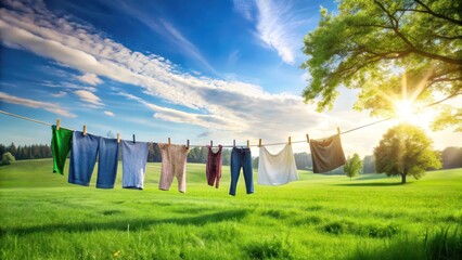 Clothing items hanging on a rope in a green field with a sunny sky and trees in the background , nature, outdoors