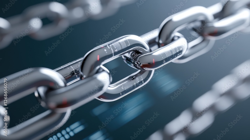 Poster close-up of a metallic chain link with a futuristic digital background, symbolizing connection and s