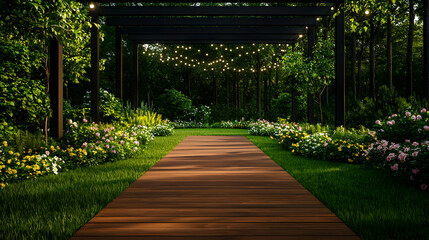 Obraz premium Wooden Path Through a Lighted Garden at Night