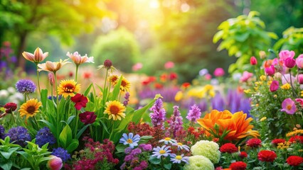 Obraz premium Vibrant garden background with colorful flowers and lush greenery, blooms, outdoor, blooms, outdoor, flora, floral