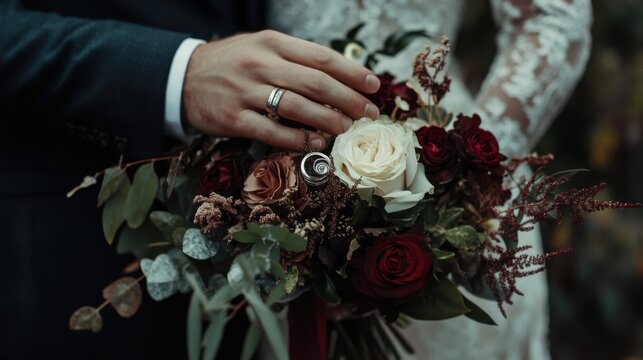 romantic dark wedding bouquet with rings