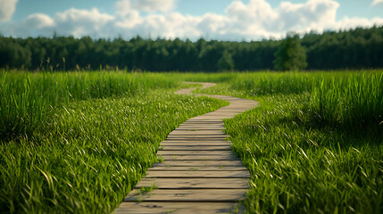 Wooden Path Through Lush Green Meadow