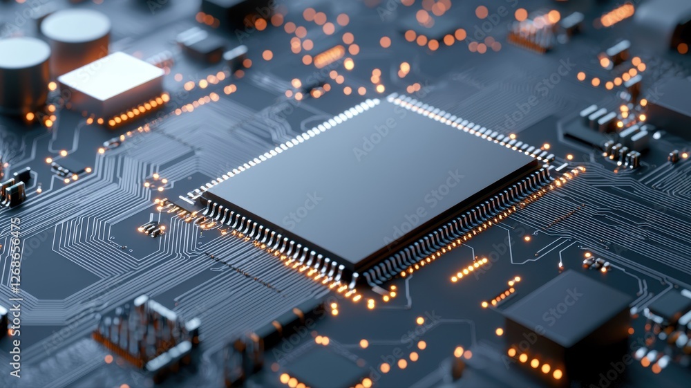 Poster close-up of a microchip on a circuit board, showcasing intricate electronic components and circuits.