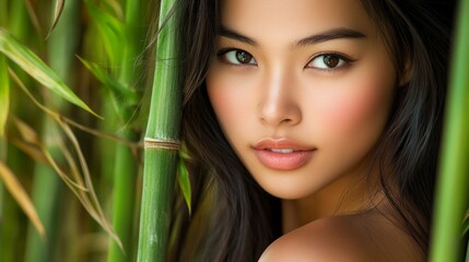 Naklejka premium A young asian model with radiant skin and flowing hair stands amidst vibrant bamboo. She captures a tranquil moment, exuding beauty and grace in a natural environment