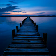 Fototapeta premium Wooden Pier Extending into Dark Blue Water at Sunset