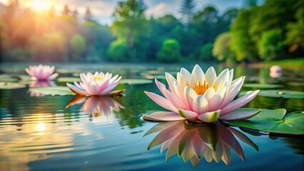 Peaceful water lilies floating on a lake with a gentle breeze, soothing environment, love