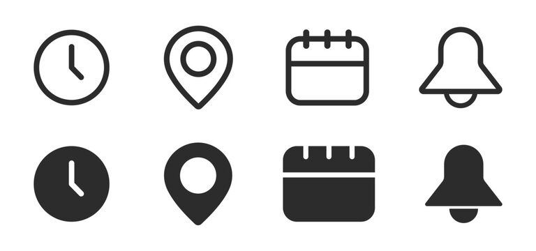 Notification bell, location, date and time vector icons