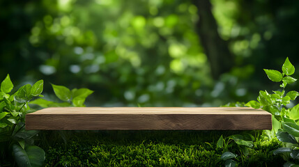 Fototapeta premium Wooden Shelf on Lush Green Moss in Forest Setting