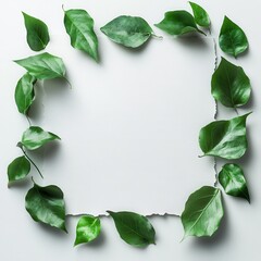 Fototapeta premium Circular arrangement of green leaves on a white background with realistic photo mat for design and decoration