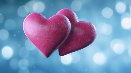 Fototapeta premium A conceptual close up of two fuzzy, pink hearts that are overlapping in the center, casting shadows on a silvery blue backdrop. The scene is softly