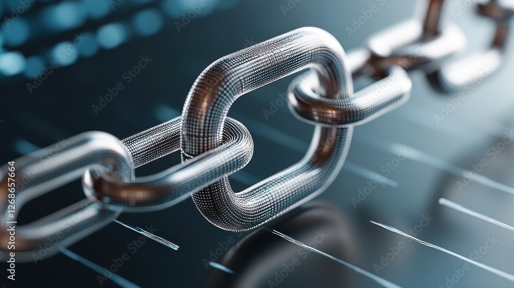 Poster close-up of metal chain link on digital background, symbolizing strong security and connection in te