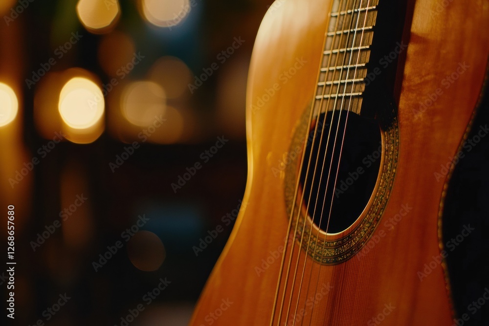 Poster guitar close up revealing intricate woodwork and warm bokeh lighting in a cozy music setting during 