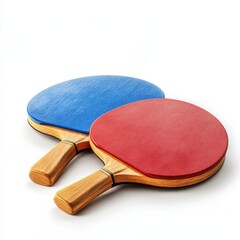 Two ping pong paddles and a table tennis ball isolated on a white background for sports or recreation